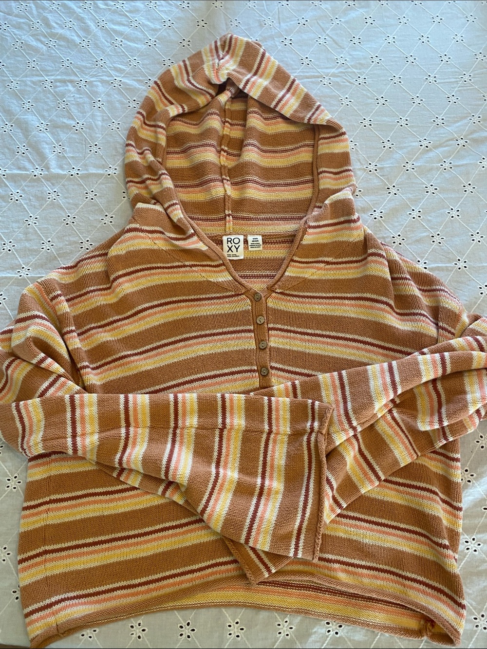 Roxy Hooded V-Neck Striped Sweater in Tan, Pink & Yellow
